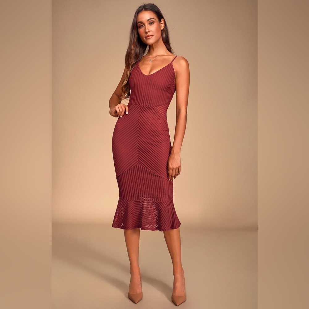 Your Year Burgundy Ribbed Bodycon Trumpet Midi Dress